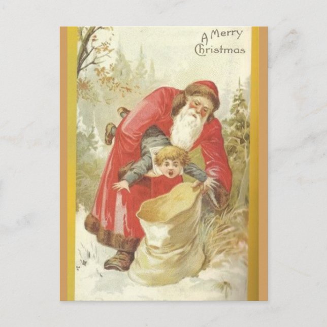 Santa Stuffing Naughty Boy in a Sack Holiday Postcard (Front)