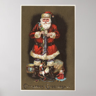 Santa Stuffing Stocking with Nutcracker Poster