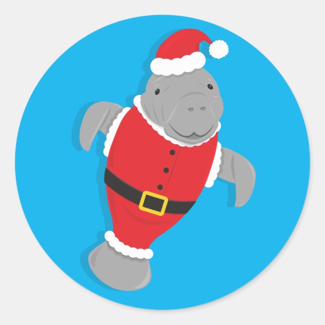 Santa Suit Cartoon Manatee Christmas Classic Round Sticker (Front)
