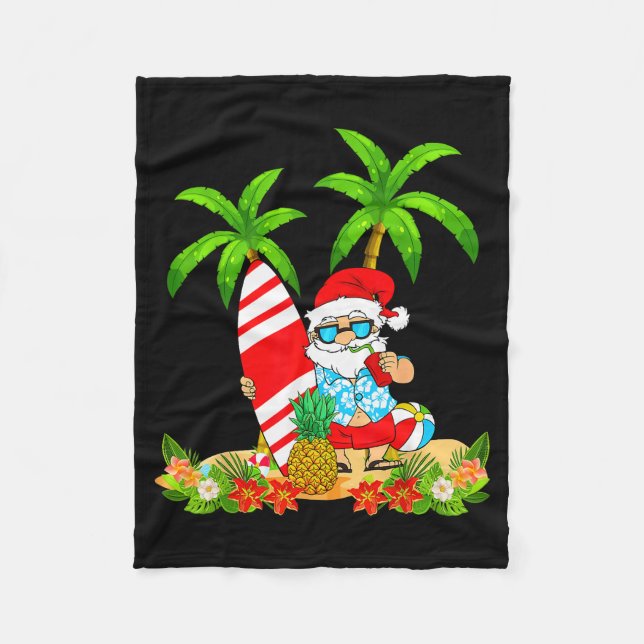 Santa Summer Surfing Christmas In July Beach Vacat Fleece Blanket (Front)