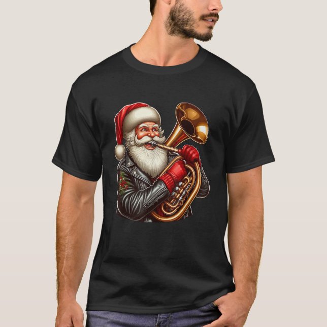 Santa Sunglasses Playing Tuba Xmas Instrument Rock T-Shirt (Front)