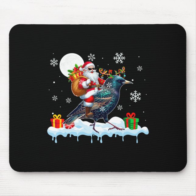 Santa Sungles Riding Reindeer Starling Bird Enthus Mouse Mat (Front)