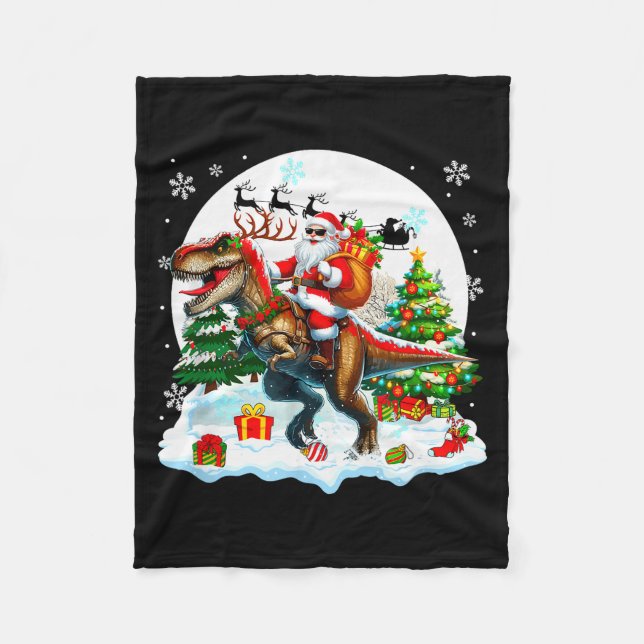 Santa Sungles Riding T-rex Reindeer Christmas Snow Fleece Blanket (Front)