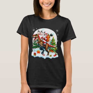 Santa Sungles Riding T-rex Reindeer Christmas Snow T-Shirt