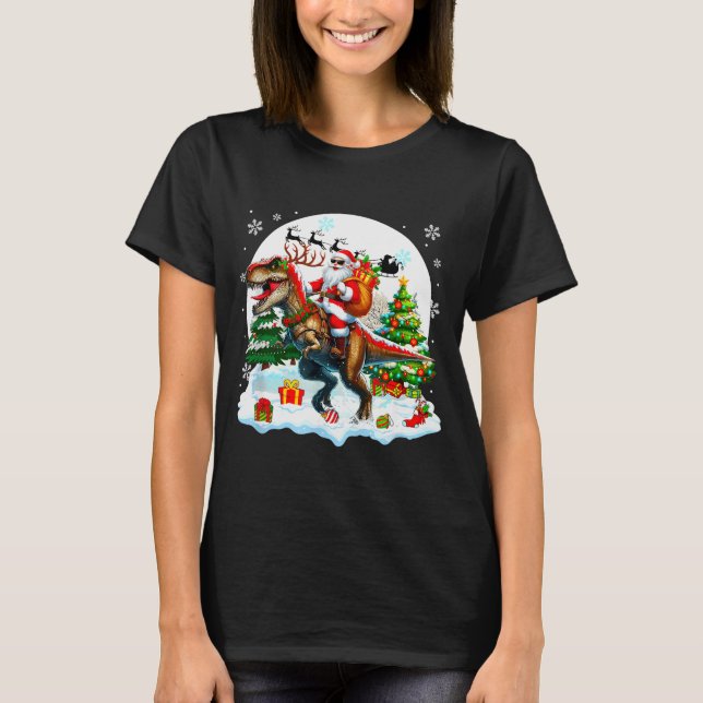 Santa Sungles Riding T-rex Reindeer Christmas Snow T-Shirt (Front)