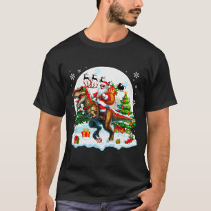 Santa Sungles Riding T-rex Reindeer Christmas Snow T-Shirt