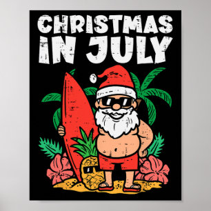 Santa Surfer Beach Christmas In July Funny Summer Poster