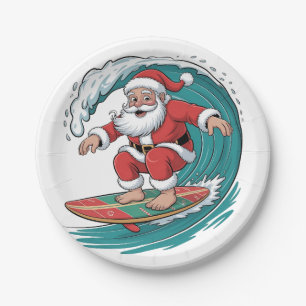 Santa Surfing Christmas Surf X-mas Festive Holiday Paper Plate