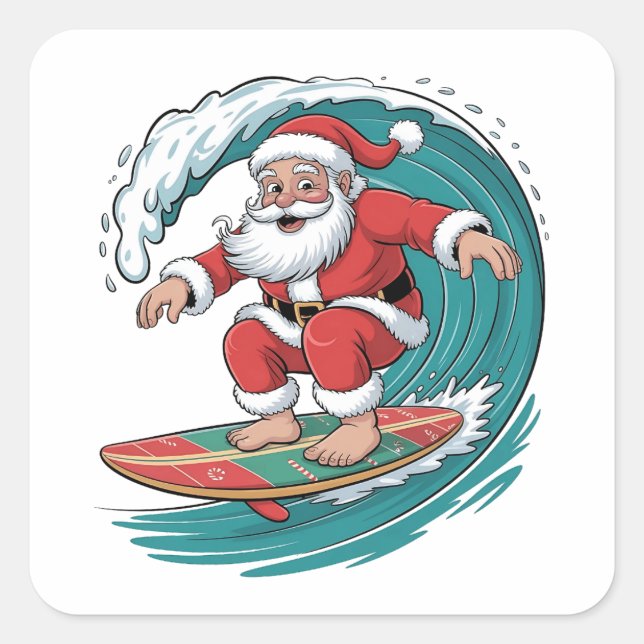 Santa Surfing Christmas Surf X-mas Festive Holiday Square Sticker (Front)