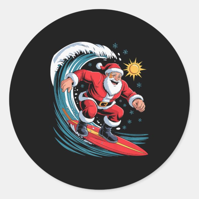 Santa Surfing Funny Surfer Holiday Christmas Xmas  Classic Round Sticker (Front)