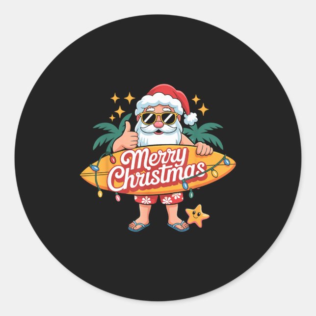 Santa Surfing Hawaiian Beach Christmas In July Tro Classic Round Sticker (Front)