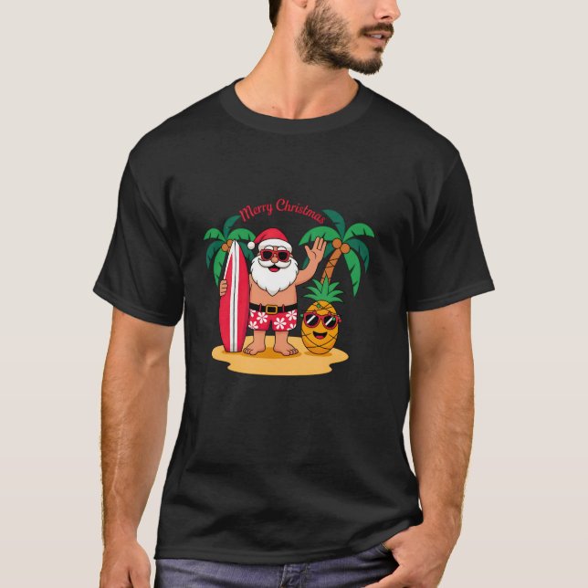 Santa Surfing Hawaiian Beach Christmas In July Tro T-Shirt (Front)