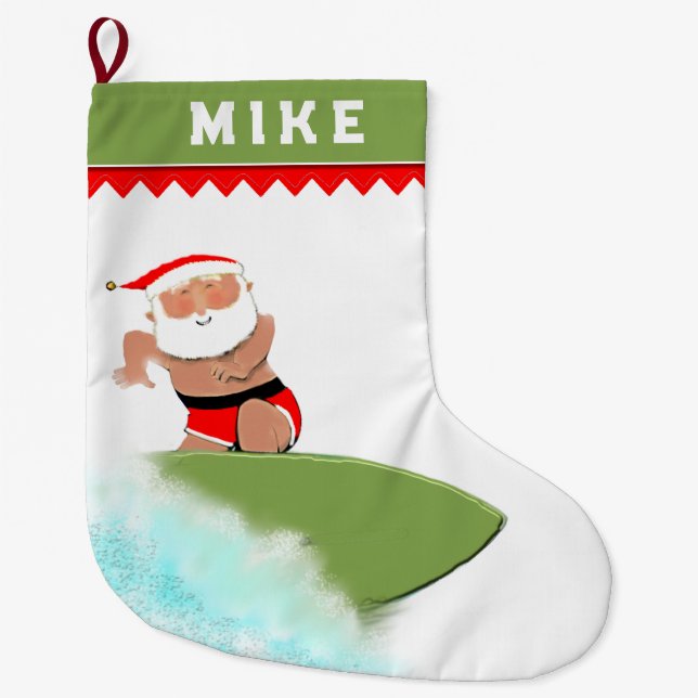 Santa Surfing Holiday Large Christmas Stocking (Front)