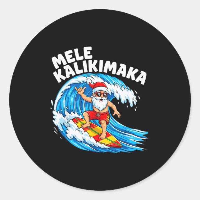 Santa Surfing Mele Kalikimaka Hawaiian Christmas  Classic Round Sticker (Front)