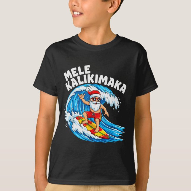 Santa Surfing Mele Kalikimaka Hawaiian Christmas  T-Shirt (Front)