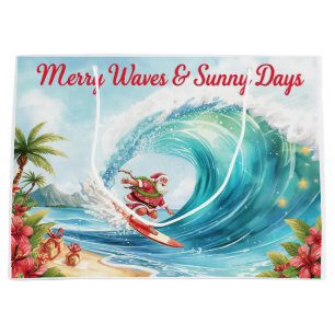 Santa Surfing on Big Wave on Christmas Holiday Large Gift Bag