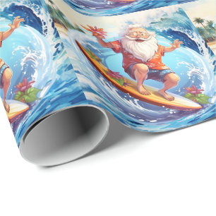 Santa surfing on big wave wrapping paper