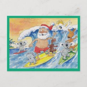 Santa surfing with his animal Friends Holiday Postcard