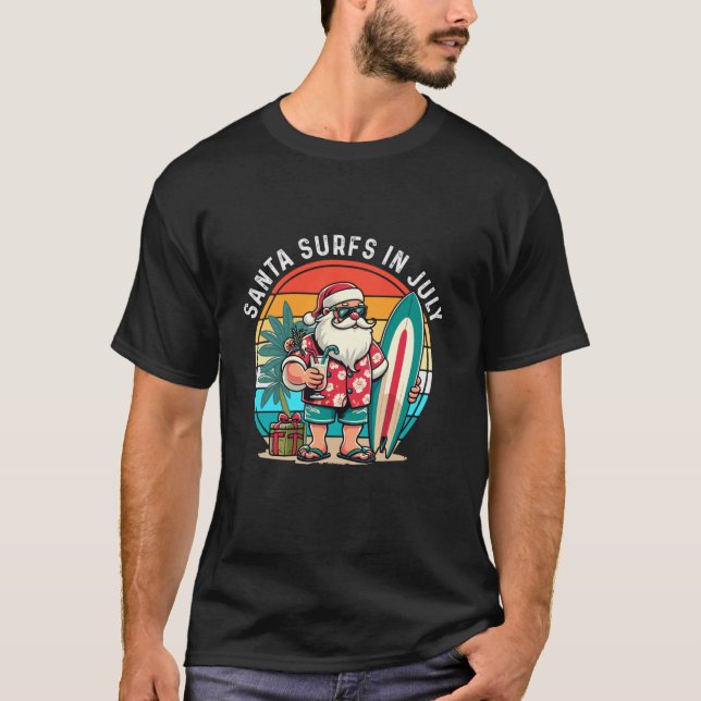 Santa Surfs In July Funny Kids Toddler Summer Chri T-Shirt (Front)