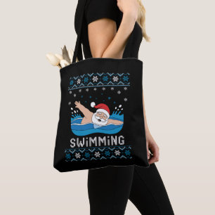 Santa Swimming Christmas Ugly Sweater Snowflakes Tote Bag