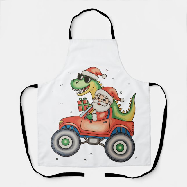 Santa T Rex Dinosaur Monster Truck Christmas Xmas Apron (Front)