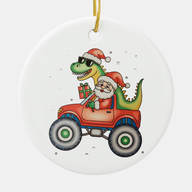 Santa T Rex Dinosaur Monster Truck Christmas Xmas Ceramic Tree Decoration (Front)