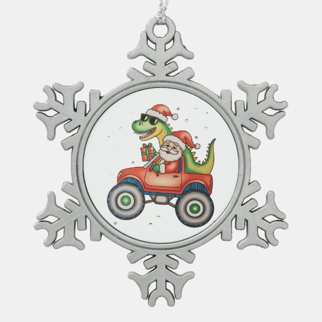 Santa T Rex Dinosaur Monster Truck Christmas Xmas Snowflake Pewter Christmas Ornament (Front)