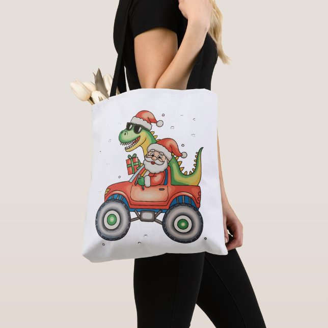 Santa T Rex Dinosaur Monster Truck Christmas Xmas Tote Bag (Close Up)