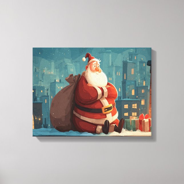 Santa Taking a Rooftop Break – Cozy Christmas Nigh Canvas Print (Front)