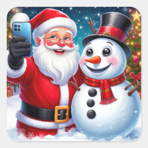 Santa Taking Christmas Selfie With Smiling Snowman Square Sticker