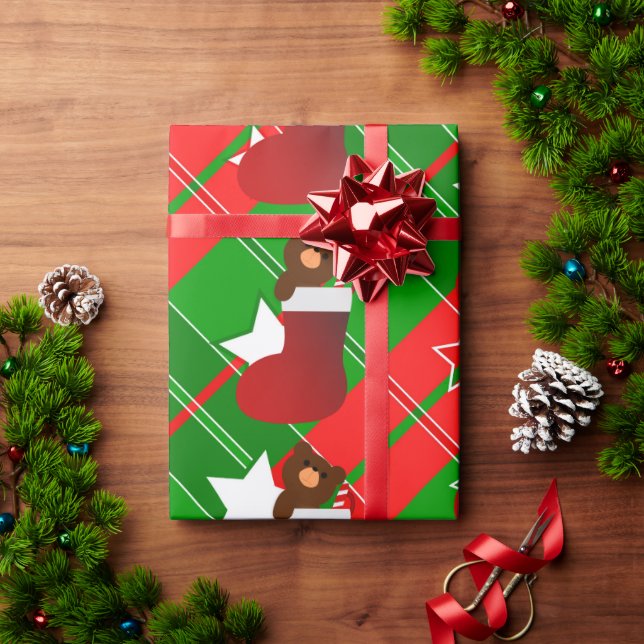Santa Teddy bear in Christmas stocking Wrapping Paper (Holiday Gift)