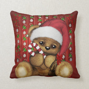 Santa Teddy Bear with Candy Cane Cushion