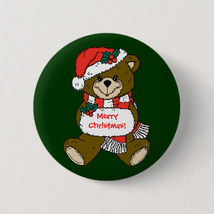 Santa Teddy Bear with Hat and Muff 6 Cm Round Badge