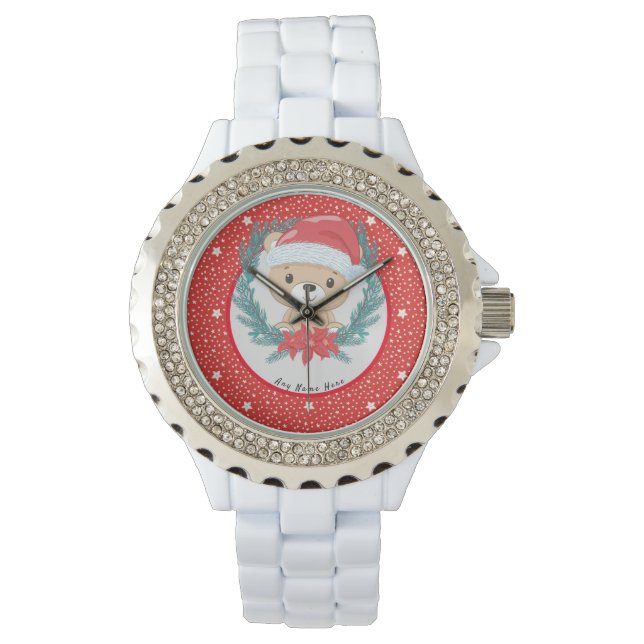 Santa Teddy Red and White Stars Merry Christmas  Watch (Front)