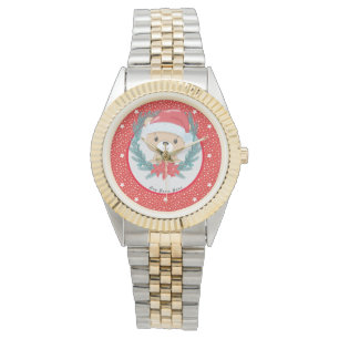 Santa Teddy Red and White Stars Merry Christmas Watch