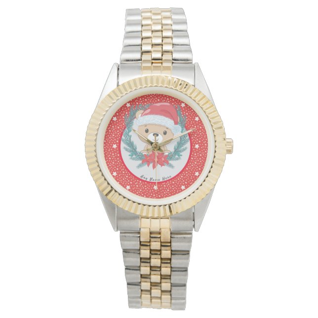 Santa Teddy Red and White Stars Merry Christmas  Watch (Front)