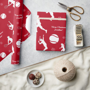 Santa Tennis Player Ball Pattern Red Xmas Kid Name Wrapping Paper