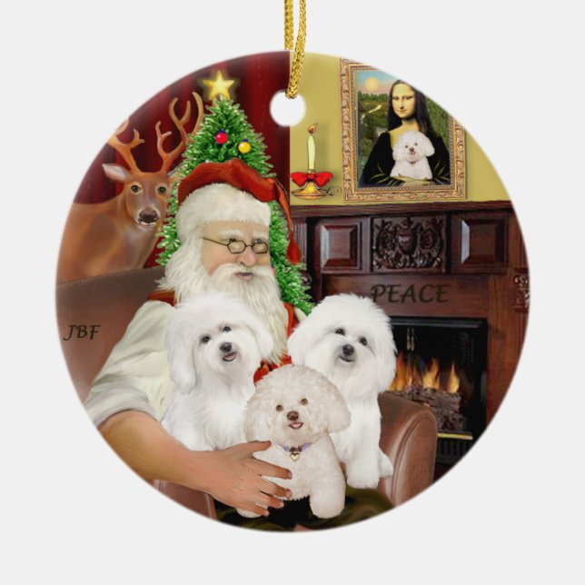 Santa - Three Bichon Frise Ceramic Tree Decoration (Front)