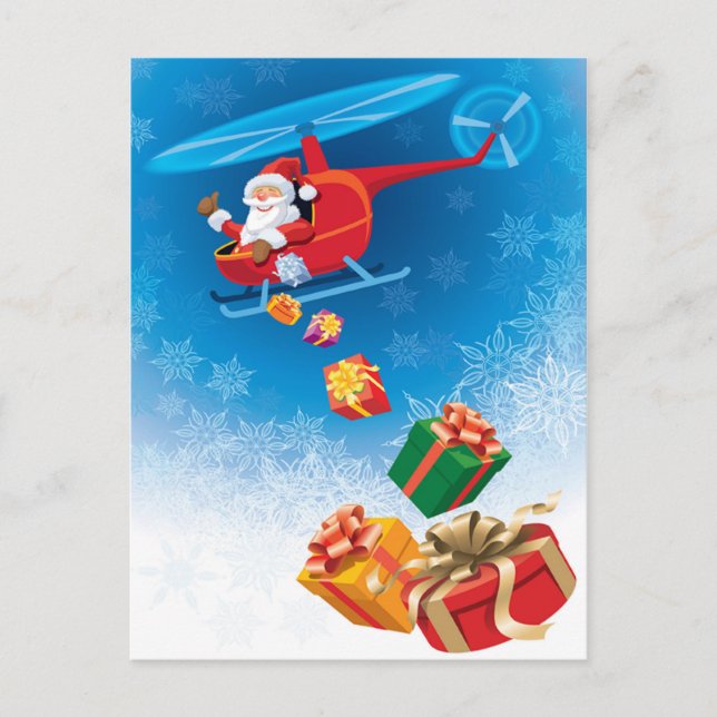 Santa Throwing Gifts from Helicopter Funny Holiday Postcard (Front)