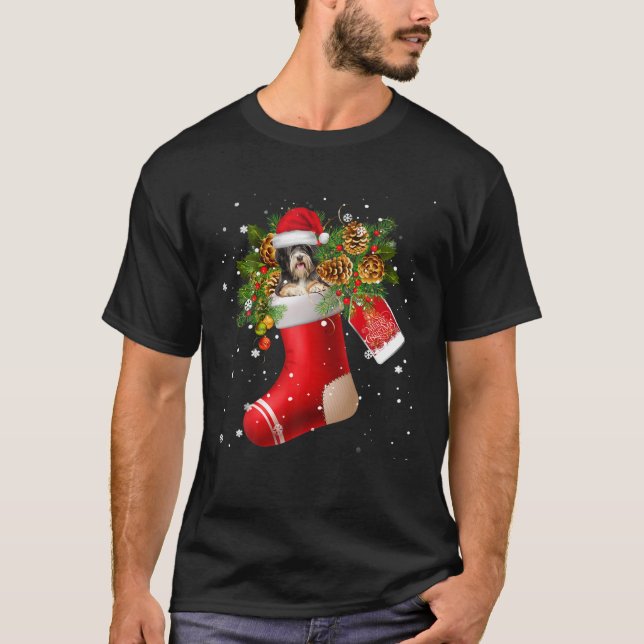 Santa Tibetan Terrier In Christmas Sock Pajama T-Shirt (Front)