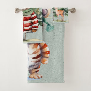 Santa Tiger and a Deer Pine Tree Christmas  Bath Towel Set