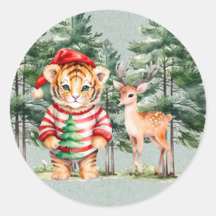 Santa Tiger and a Deer Pine Tree Christmas  Classic Round Sticker