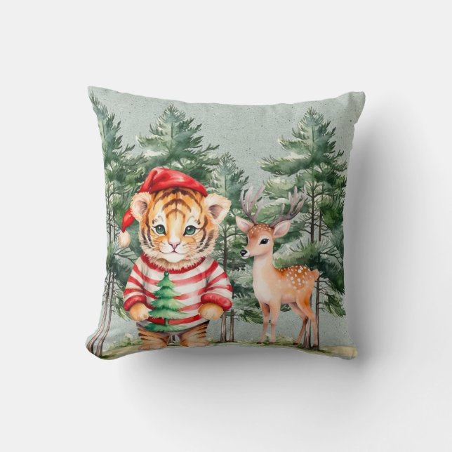 Santa Tiger and a Deer Pine Tree Christmas  Cushion (Front)
