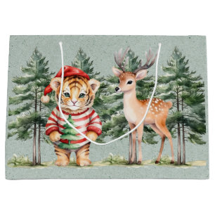 Santa Tiger and a Deer Pine Tree Christmas Large Gift Bag