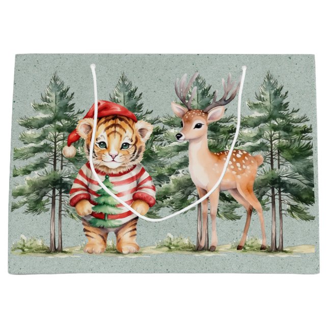 Santa Tiger and a Deer Pine Tree Christmas  Large Gift Bag (Front)