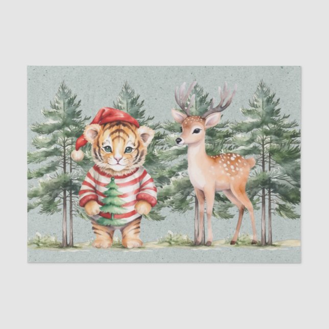 Santa Tiger and a Deer Pine Tree Christmas  Tissue Paper (Front)