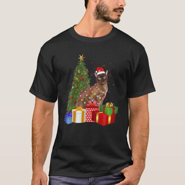 Santa Tonkinese Cat Christmas Tree Light Funny Xma T-Shirt (Front)