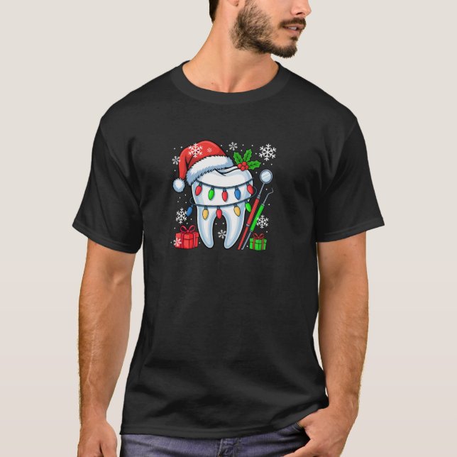 Santa Tooth Colourful Christmas Lights Dentist Den T-Shirt (Front)