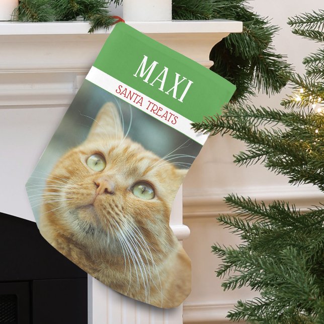 Santa Treats Cat Photo Personalised Small Christmas Stocking (Santa Treats Cat Photo Personalized Small Christmas Stocking)