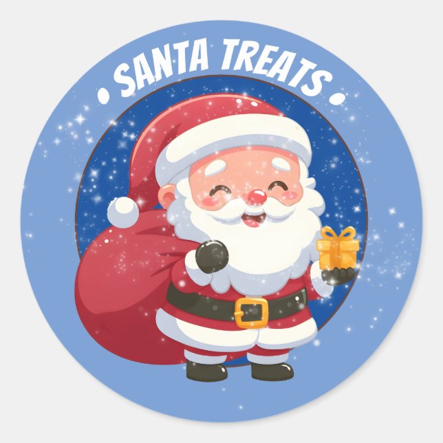 Santa treats Santa with gift on blue snow Classic Round Sticker (Front)